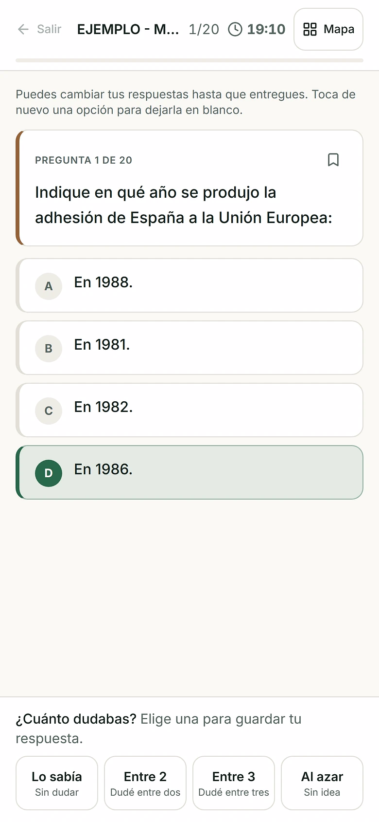 Una pregunta del modo examen con los botones para marcar cuánto dudabas
